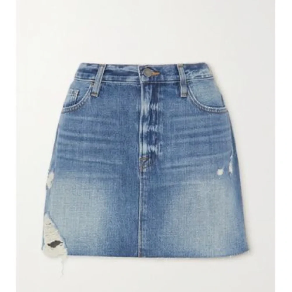 Frame Distressed Raw Hem Denim Skirt